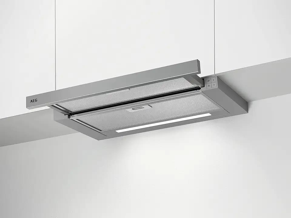 AEG DPS3640AM Flachschirm-Dunstabzugshaube/Abluft oder Umluft / 60cm / Grau/max. 345 m³/h/min. 49 – max. 68 dB(A) / C/Kurzhubtasten/Grau