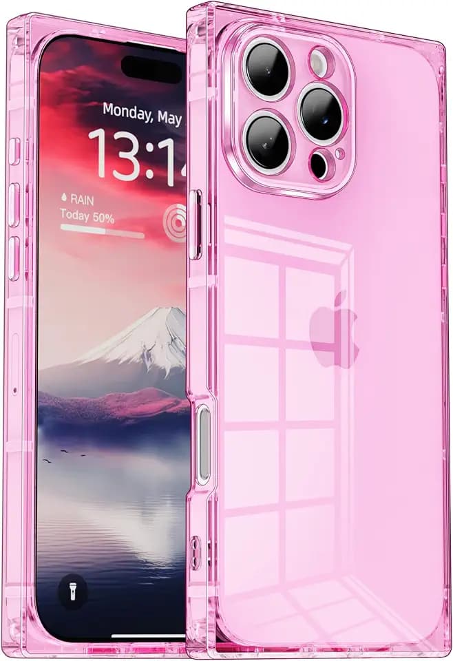 IAIYOXI Rectangle Case Compatible for iPhone 15 Pro Max, Full Camera Protection & Reinforced Corners TPU Cushion Clear Cover, Shockproof Silicone Phone Case for Women Girls (iPhone 15 Pro Max, Pink)