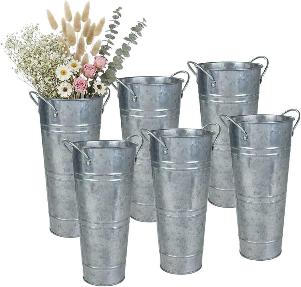 9 Inch Galvanized Flower Bucket, 6 Pack Tabletop Vases for Dried Flowers