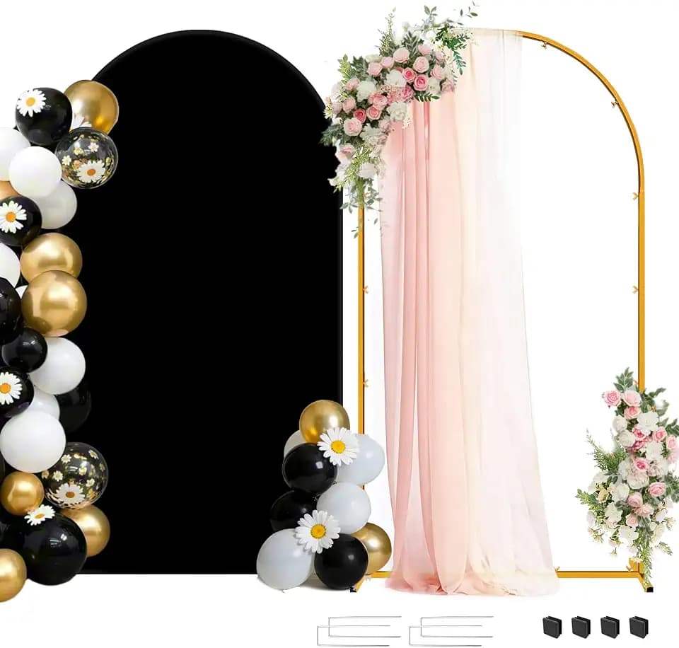 Metal Arch Backdrop Stand and Cover Set, 7.2FT Gold Wedding Backdrop Arch Frame Stand with Cover, Balloon Arch Stand with Black Arch Cover for Party Birthday Baby Shower Graduation Decorations