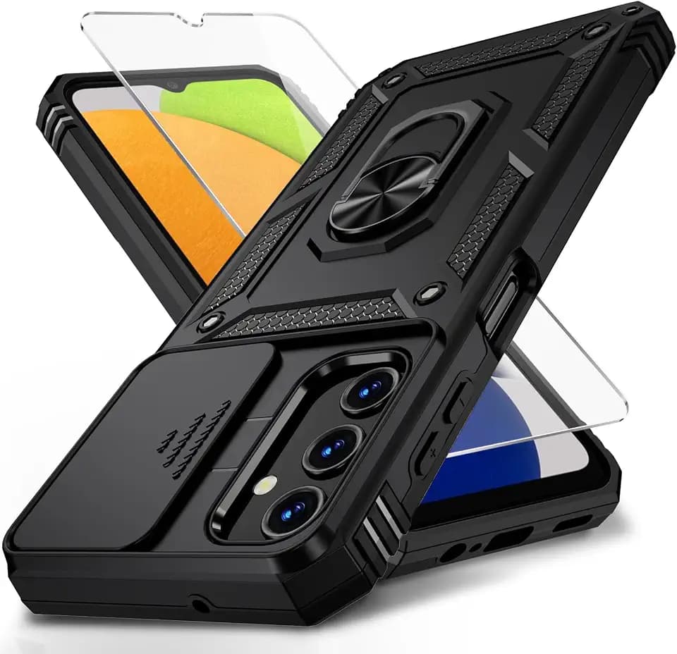 Vinve for Samsung Galaxy A03S Case with Slide Camera Lens Cover, HD Screen Protector, Military Grade Drop Protection, Magnetic Rotated Ring Holder Kickstand Phone Case (Black)