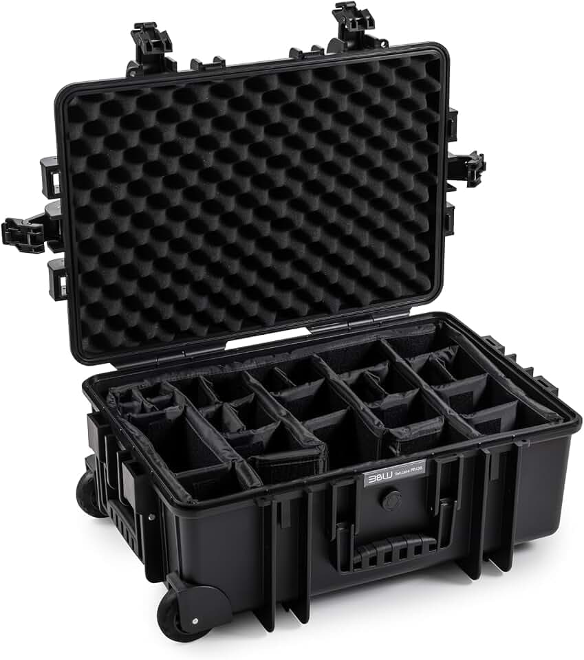 B&W Transportkoffer Outdoor - Typ 6800 - Schwarz mit variabler Facheinteilung, Trolley Koffer, ideal auf Tour - Wasserdicht nach IP67 Zertifizierung, Staubdicht, Bruchsicher und Unverwüstlich