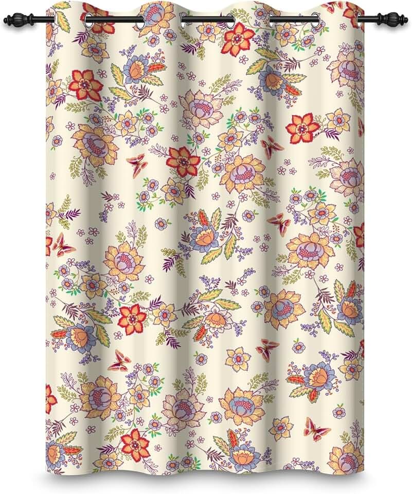107x160cm Blumen-Ösenvorhang Bunt Wildblumen Schmetterling Rustikal Frühling Vintage-Muster Landhaus Ösen Verdunkelungsvorhänge Fenstervorhänge für Mädchenzimmer Wohnzimmer,1-Einzelpaneel