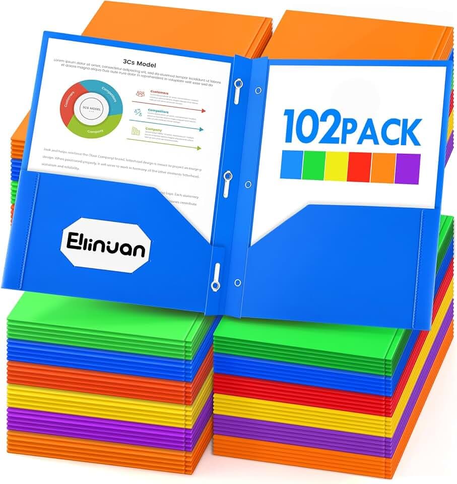 Ellinjan 102 PackPlastic Folders with Pockets and Prongs, 2 Pocket Folders with Brads, Heavy Duty Bulk Folders in 6 Colors, Letter Size for School Office Supplies