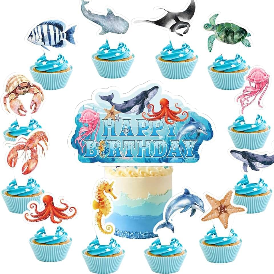 Ozean Cupcake-Dekoration,13 Stück Ozean Tortendeko,Meerestier Kuchen,Schildkröten,Fische,Delfine usw, Geburtstag unter Wasser Party Deko Kuchen-Topper