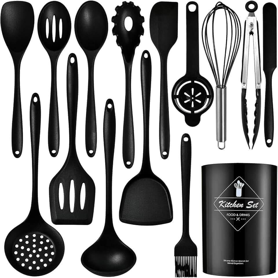 Schwarz Silikon Kochutensilien Kochbesteck Set,15Pcs Silikon Küchenhelfer Set Küchenutensilien-Set antihaftbeschichtet Kochutensilien mit Utensilienhalter Spülmaschinenfest (BPA-frei)