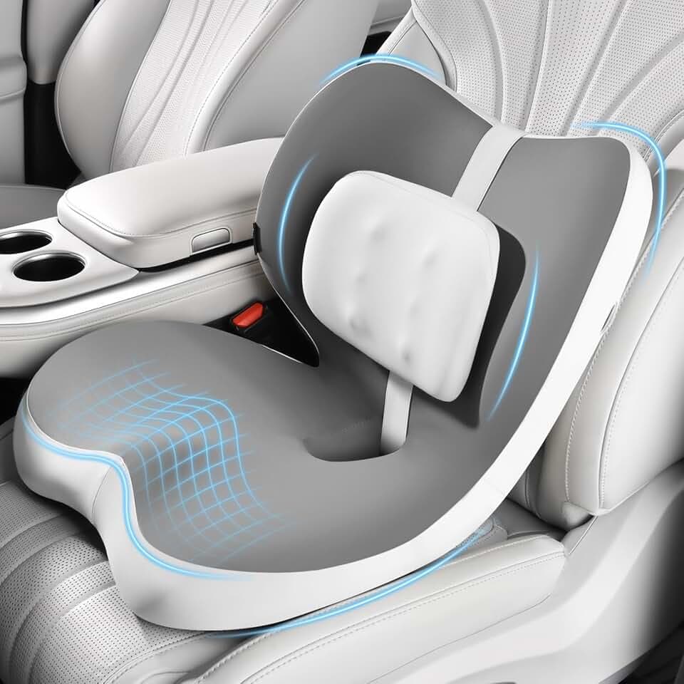 FLORICH 2 in1 Truck Seat Cushion and Lumbar Support Pillow Memory Foam Car Seat Cushion with Adjustable Strap for Truck Driver Long Drives, Fits Semi Truck Seat,Car,Office&Gaming Chair(Light Grey)