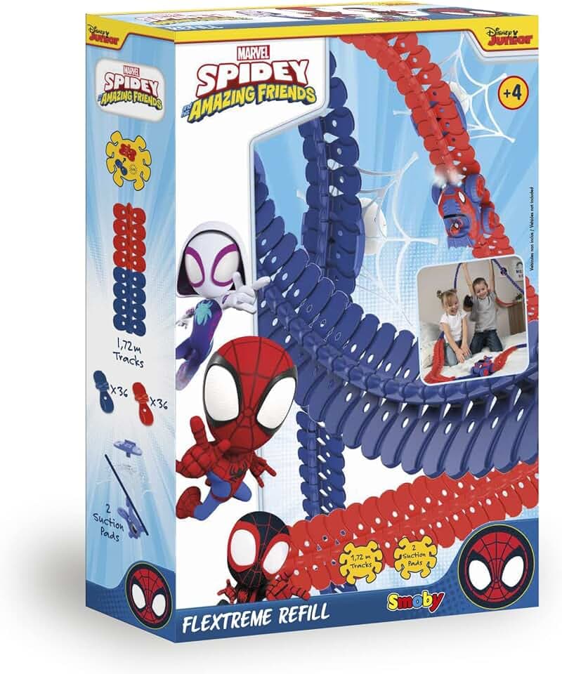 Smoby Toys - Spidey FleXtreme Schienen-Erweiterungsset (72 Schienen-Teile für 1,72 Meter & 2 Spinnennetze mit Saugnapf) - Zubehör zur Spidey FleXtreme Rennbahn