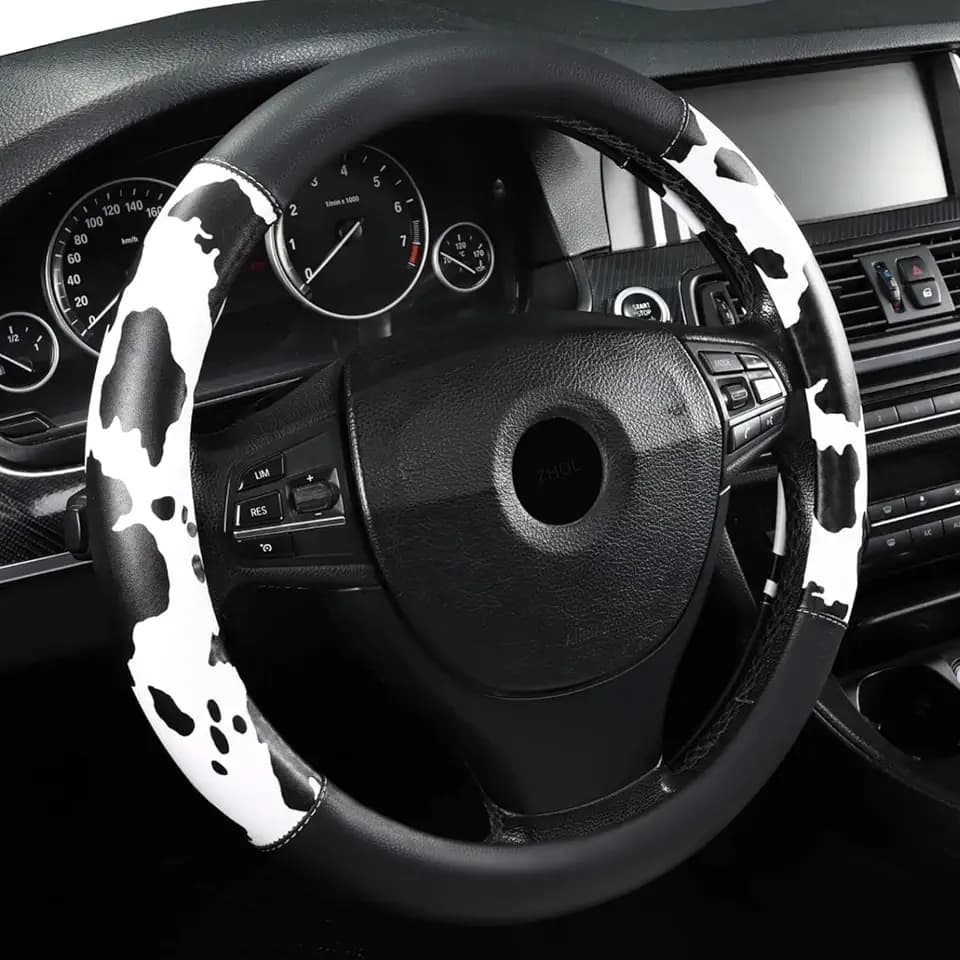 Cow Print Steering Wheel Cover,14.5-15",Microfiber Leather,Anti-Slip,Women
