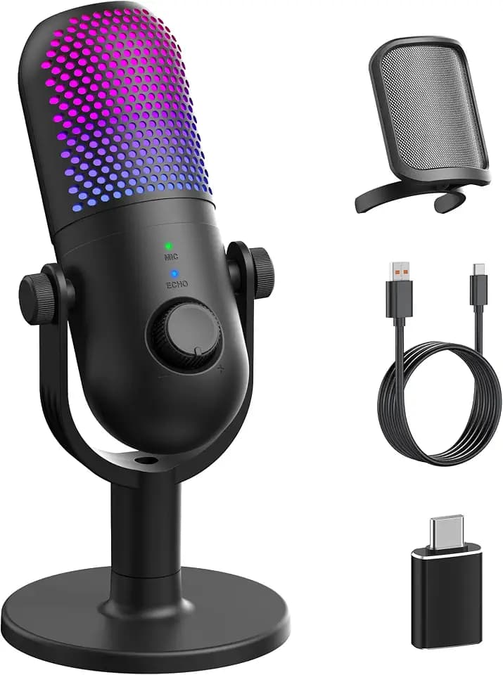 USB Mikrofon PC Gaming RGB: Microphone PC Schwarz - Zubehör PS4 & PS5 - Gaming Mic mit Stumm & Gain & Echo - Gadgets Laptop für Windows & Mac - Podcast Mikrofon für YouTube & Streaming
