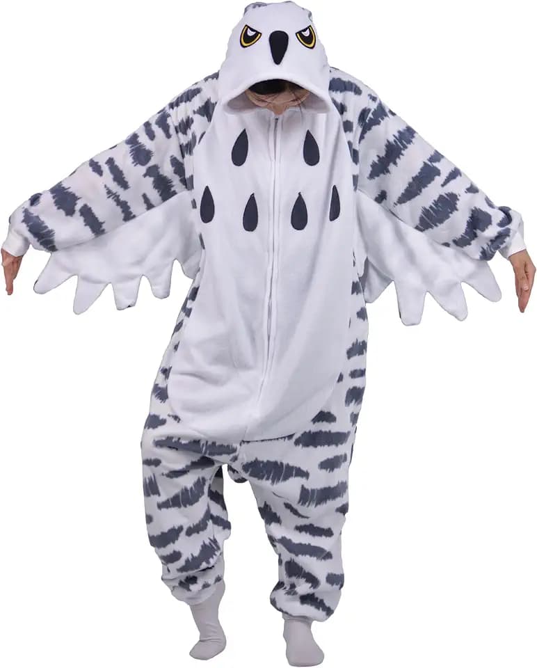 LorranTree Onesie Kostüm Jumpsuit Schneeeule Costume Damen Herren Erwachsene Relaxo Pyjama Tier Vogel Snowy Owl Weihnachten Halloween Schlafanzug