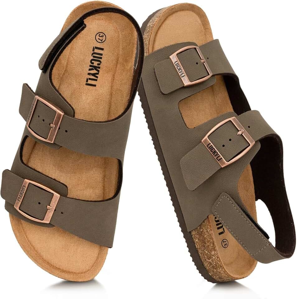 LUCKYLI Toddler Kids Sandals Boys Girls Cork Footbed Sandal Comfort Double Buckle Slip On Open-toe Slides with Adjustable Back Strap
