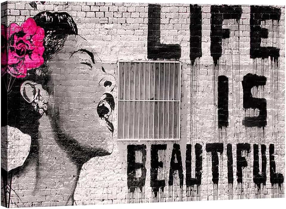 Pyradecor Large Banksy Life is Beautiful Artwork Modern Grey Love Pictures Paintings Canvas Wall Art for Bedroom Living Room Home Office Decorations