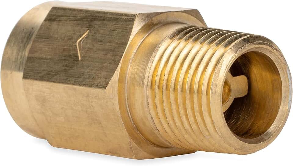 Camco RV Water Heater Backflow Preventer - Features a Heavy-Duty Brass with a Stainless Spring Construction and a 1/2"-14 NPT Male x 1/2"-14 NPT Female (23303)