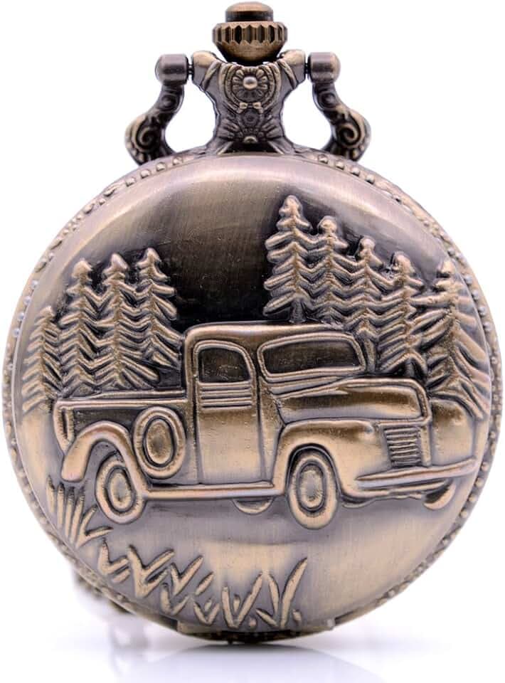 Taschenuhr, Vintage-Stil, bronzefarbene Pickup-Trucks, Quarz-Taschenuhr, für Herren und Damen, mit Anhänger