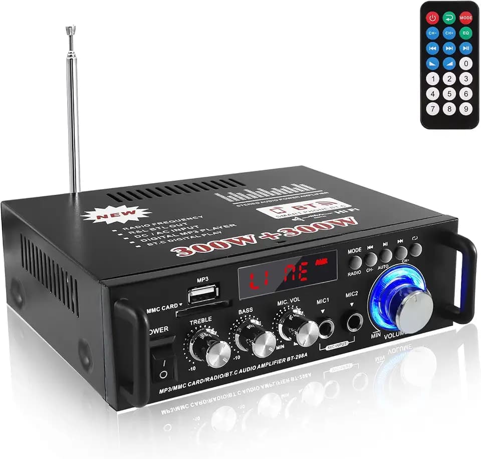 Mini Verstärker,HiFi Verstärker,Bluetooth 5.0-Stereo Audio,12 V 240 V 600 W, 2 Kanäle, LCD, High Fidelity, tragbares UKW-Radio, SD/USB-Karteneingang, für Zuhause oder Auto