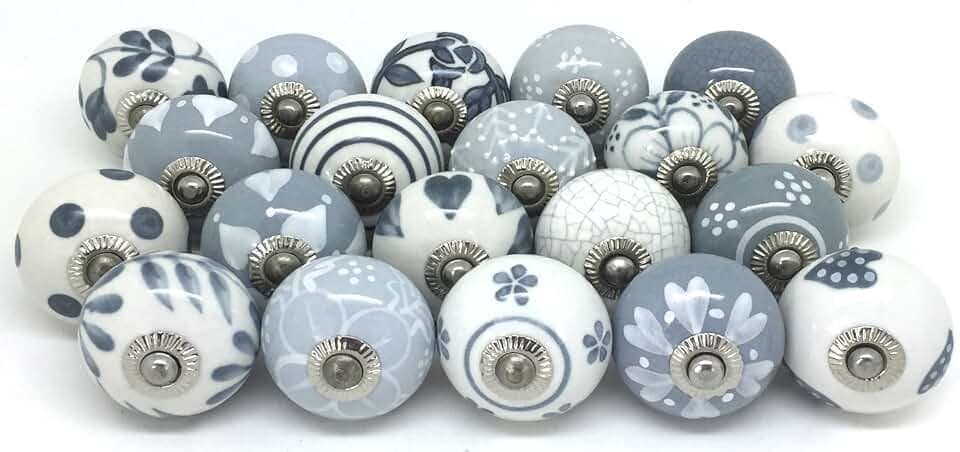 Türgriffe aus Keramik, im Vintage-, Shabby- und Chic-Stil, für Schränke oder Schubladen, Grau und Weiß, 10 Stück