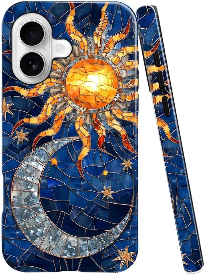 Case for iPhone 17,Fits Glossy Case Design for Girl Women,Celestial Stained Glass Sun Moon Star Blue