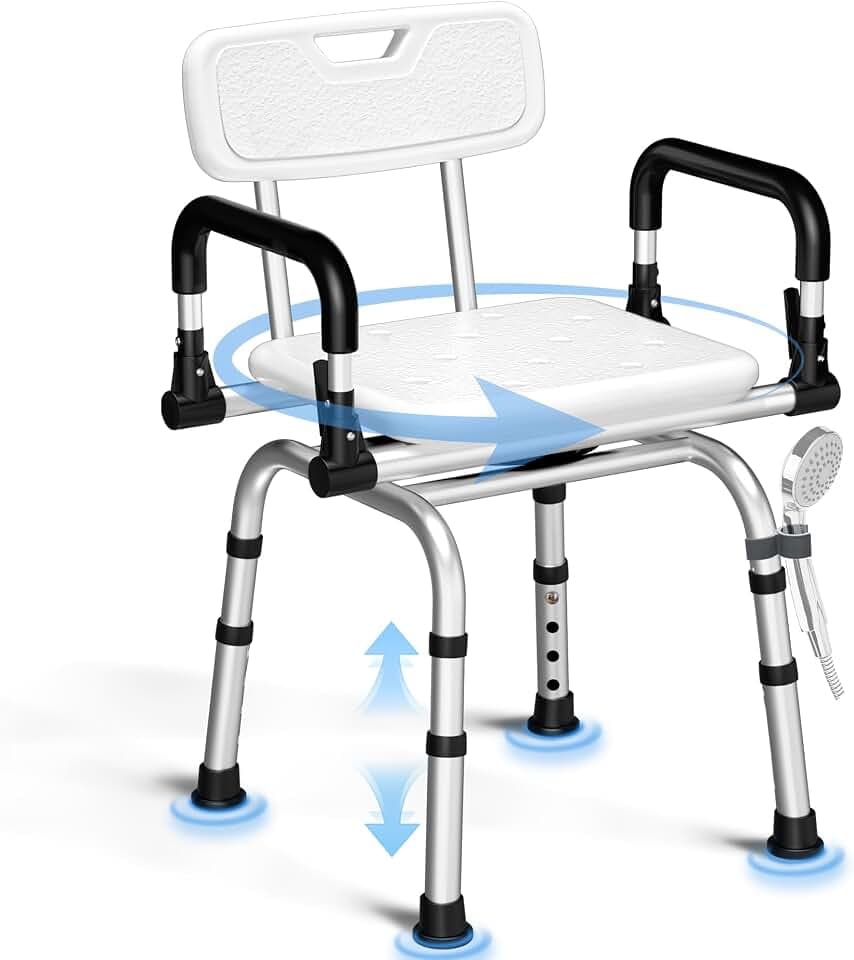 Swivel Shower Chair, 360° Rotating Adjustable Shower Seat with Pivoting Arms & Padded Seat, Heavy Duty 400 lbs Bath Chair for Elderly and Disabled in Shower Stall & Bathtub