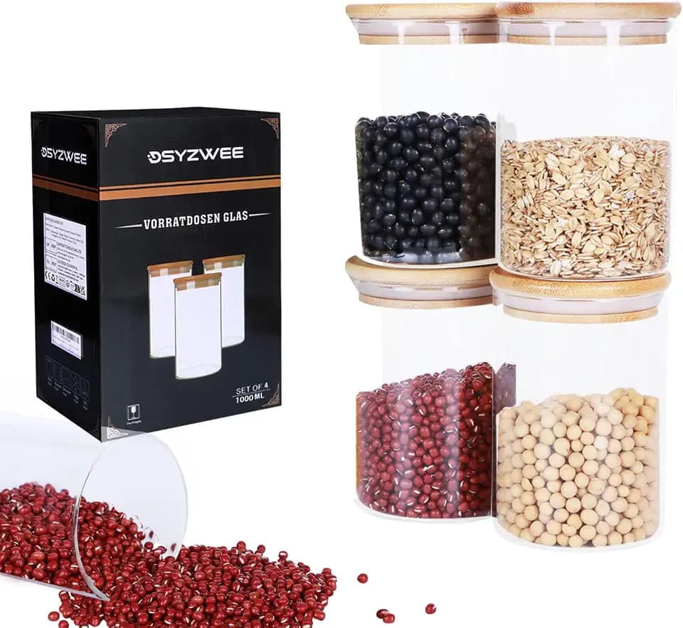 Vorratsdosen Glas 4er Set, 1000ml Vorratsgläser mit deckel rund, Borosilikatglas Vorratsbehälter mit Bambusdeckel, Glasbehälter zur Aufbewahrung Küchenzutaten, für Kaffee, Zucker, Nudeln