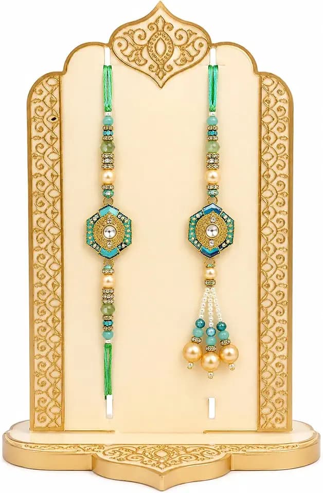 SATVIK Couple Rakhi: Bhaiya Bhabhi Rakhi Set with Kumkum Holder Thali, Roli Chawal, Greeting Card, and Soun Stickers