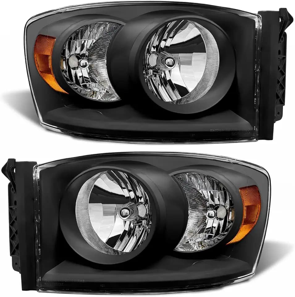 for 2006 2007 2008 2009 Ram Headlight Assembly Black Housing compatible with 2006-2008 Dodge Ram 1500/2006-2009 Dodge Ram 2500 3500 Clear Lens Amber Reflector Headlamp Replacement Pair