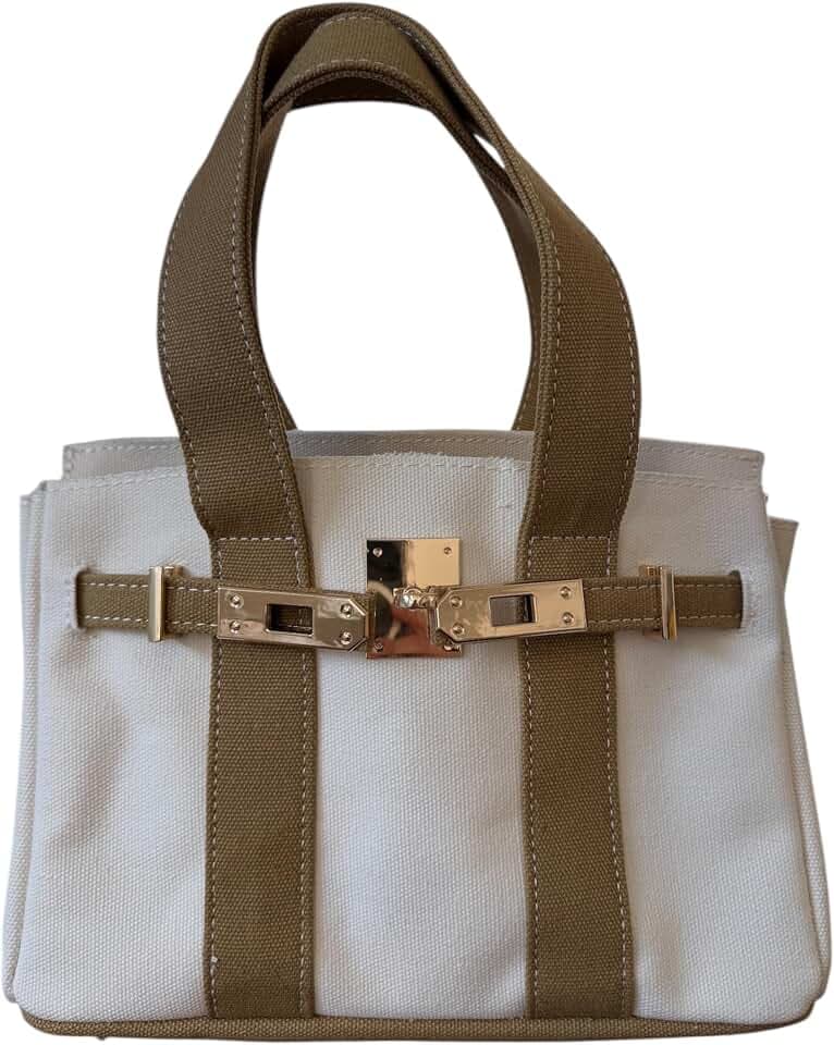 Canvas Mini Tote Bag, 8 Pockets, Distressed Finish, Durable, Gold Hardware (Beige/Cream)