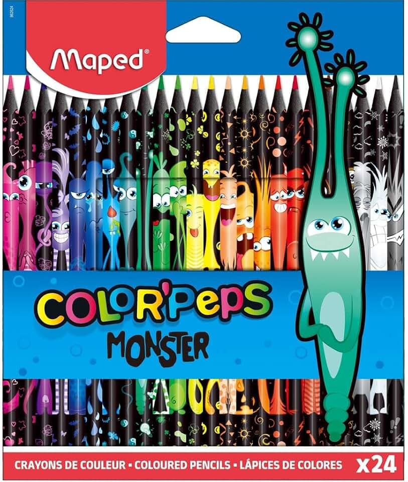 Maped 862624 - ergonomische Drei-Kant-Buntstifte, Farbstifte COLOR'PEPS BLACK MONSTER - schwarzer Schaft und bunte Monster-Bedruckung - 24x Stifte, 24 Stück (1er Pack)