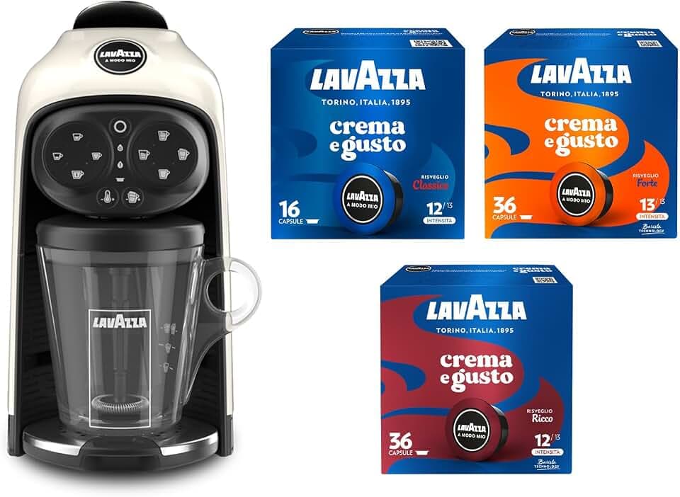 Lavazza, A Modo Mio Kaffeemaschine Deséa White Cream mit 88 Kaffeekapseln, Espressomaschine 1500 W, 220-240 V, 50/60 Hz, Kapazität max. 10 Kaffeekapseln und 1,1 Liter Wasser