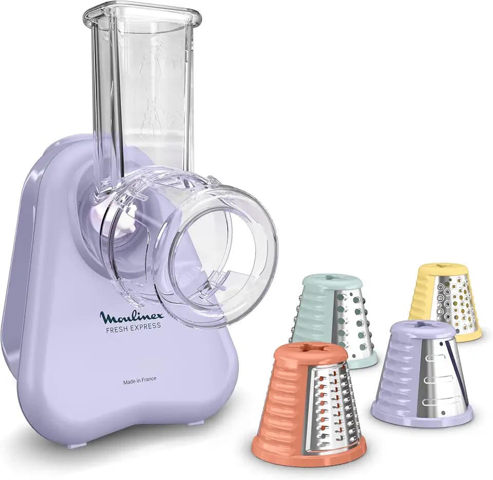 Moulinex Fresh Express Elektrische Gemüsereibe, Direktserviersystem, 4-in-1, zerkleinern-schneiden-reiben, Kabel-Verstausystem, Zubehör spülmaschinenfest, Lila, DK8546E0