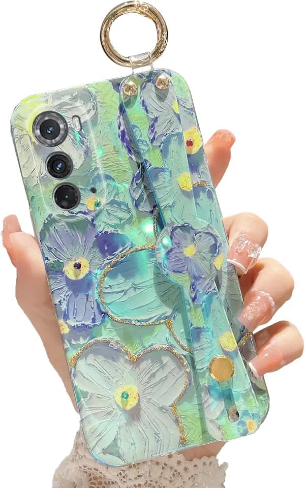 for Motorola Moto Edge 2022 Case (2022 Version Only - Not Plus) for Elegant Flower Petals with Wrist Band Kickstand IMD TPU Shockproof Protection Holder Cover for Moto Edge 2022