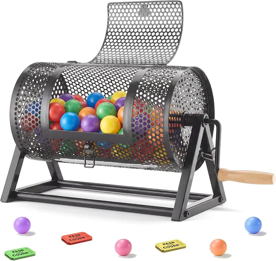 VEVOR Tombola Trommel, 295xØ167mm, Lostrommel mit Fassungsvermögen von 2500 Lose oder 100 Lotteriebälle, Gewinnspieltrommel mit Kurbel & Dreiecksständer, für Veranstaltungen & Feiern, Schwarz