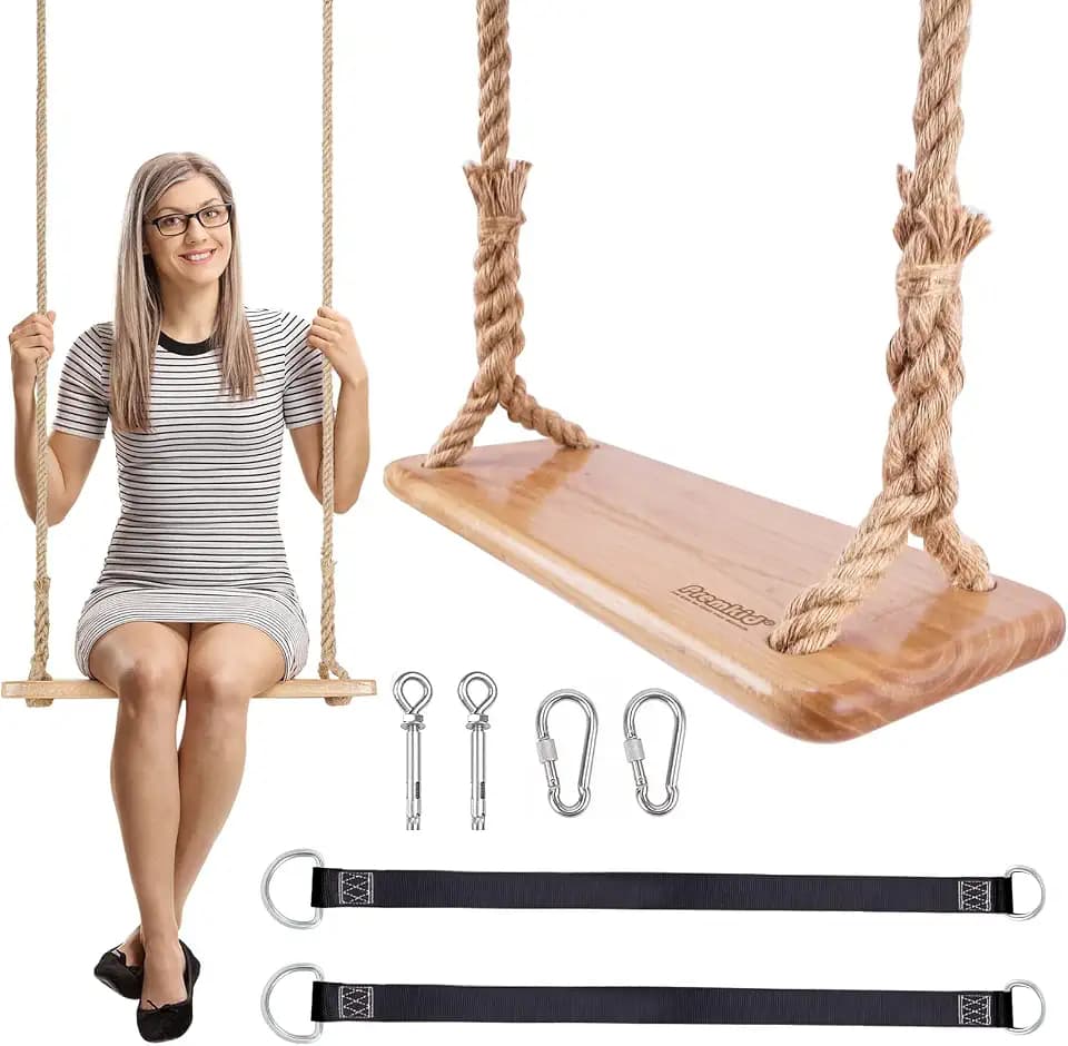 Hanging Wooden Tree Swing with Adjustable Hemp Rope and Tree Straps