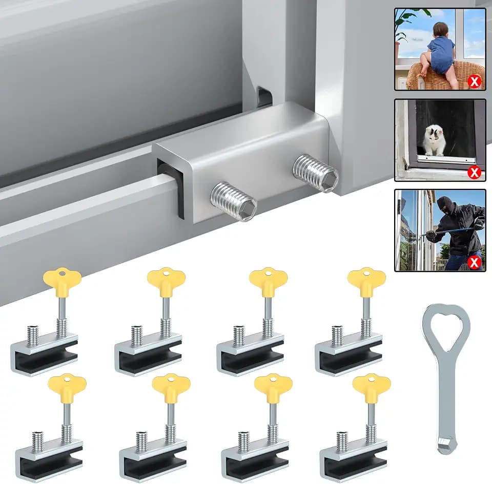 RELIANCER 8 Sets Sliding Window Locks,Aluminum Security Door Window Stoppers,Adjustable Safty Windows Lock for Horizontal & Vertical Fenster Doors,Child Proof Slider Windows Blocker for Home Safety