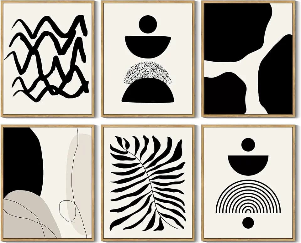 Drsoum Abstract Boho Wall Art Minimalist Geometric Framed Boho Room Decor Black Line Art Mid Century Modern Prints Bohemian Living Room Bedroom Ready to Hang 8x10inx6pcs (Natural Framed)
