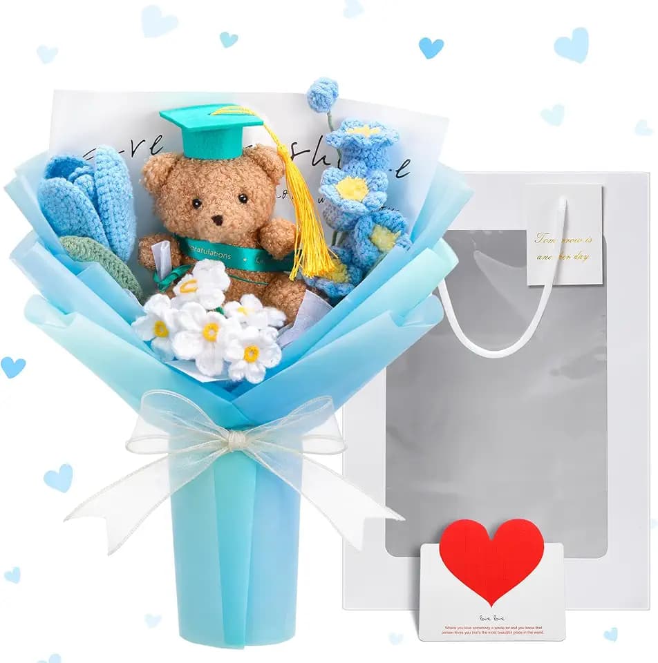 Graduation Crochet Flower Bouquet Set Includes Bear Knitted Tulips Forget-me-nots Lily of the Valley Greeting Card Gift Bag 2026 Blue Flower Bouquet Graduation Gift