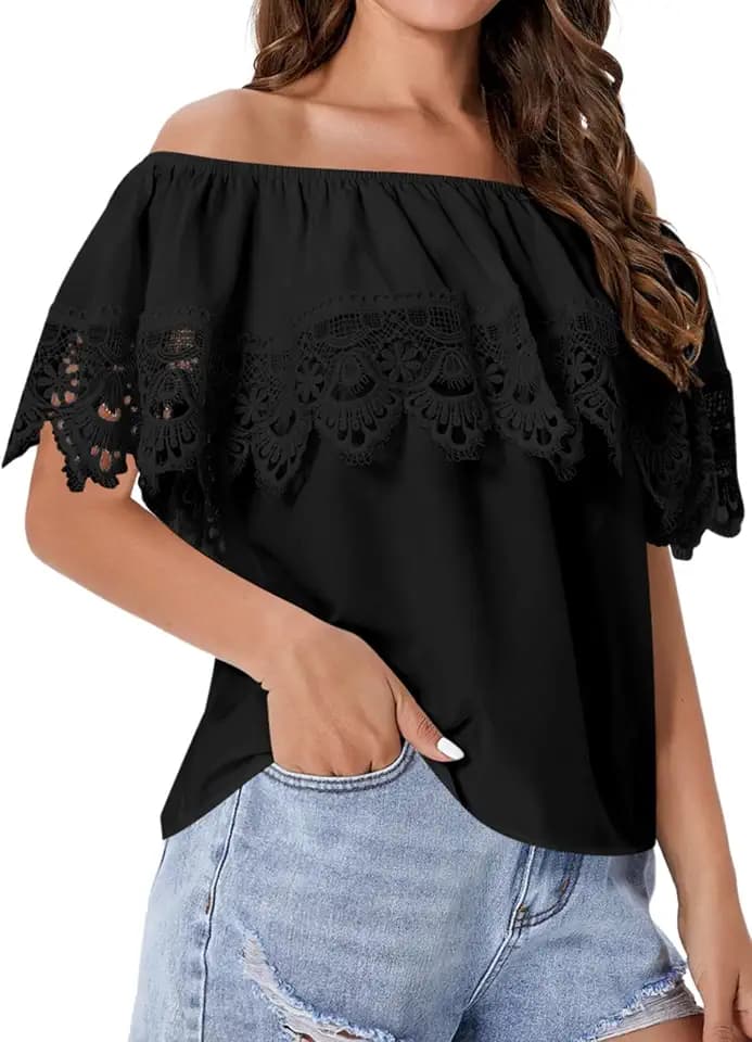 WDIRARA Women's Off The Shoulder Lace Ruffle Trim Blouse Shirts