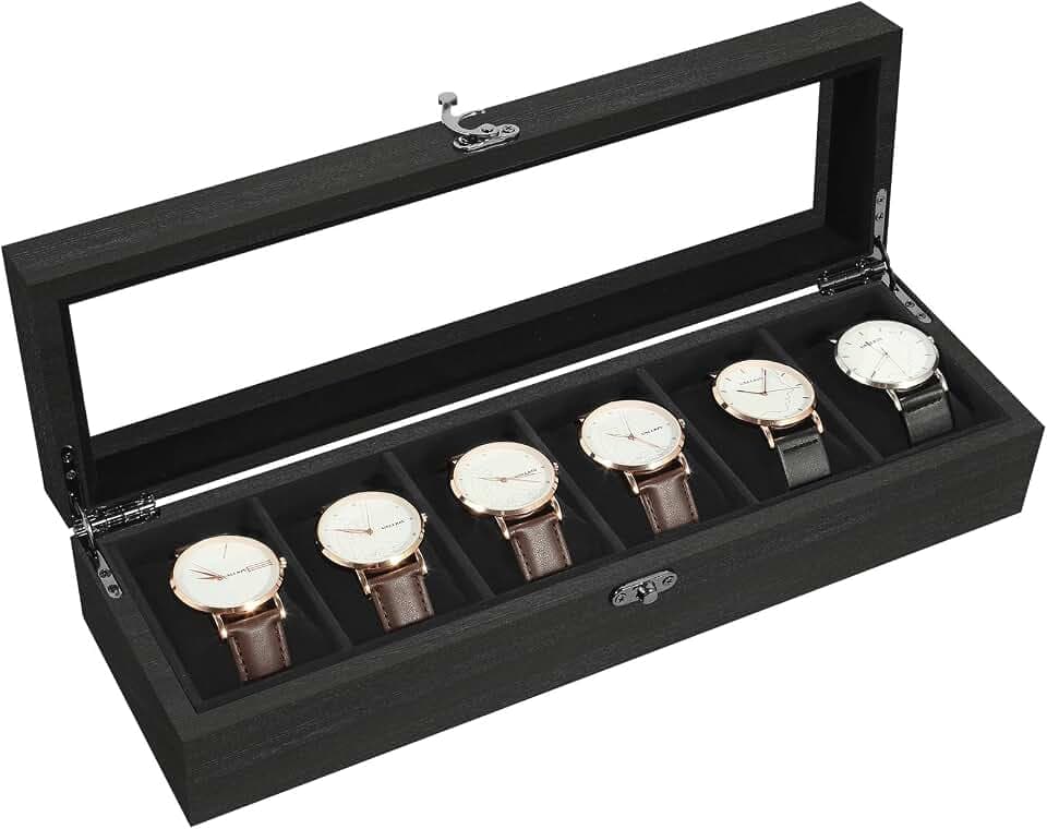Uten Uhrenbox mit 6 Fächern, Aufbewahrungsbox für Uhren, aus Massivholz | Weiches Schwarze Samtfutter, Herausnehmbare Uhrenkissen, Transparente Glasabdeckung, Metallschloss