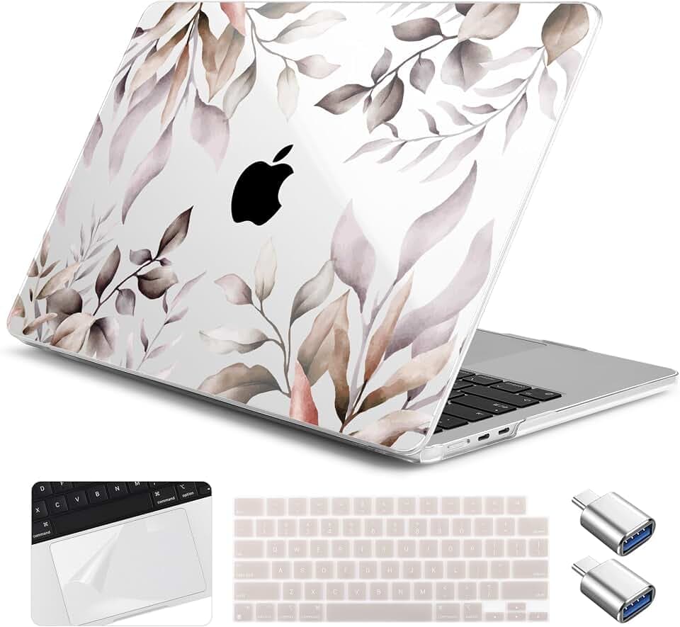 for MacBook Air 13(13.6) inch Case 2026 2025-2022 M5 M4 M3 M2 A3449 A3240 A3113 A2681 Shockproof & Scratch-Resistant Hard Shell + Keyboard Cover + Trackpad Protector + Type C, Brown Leaves