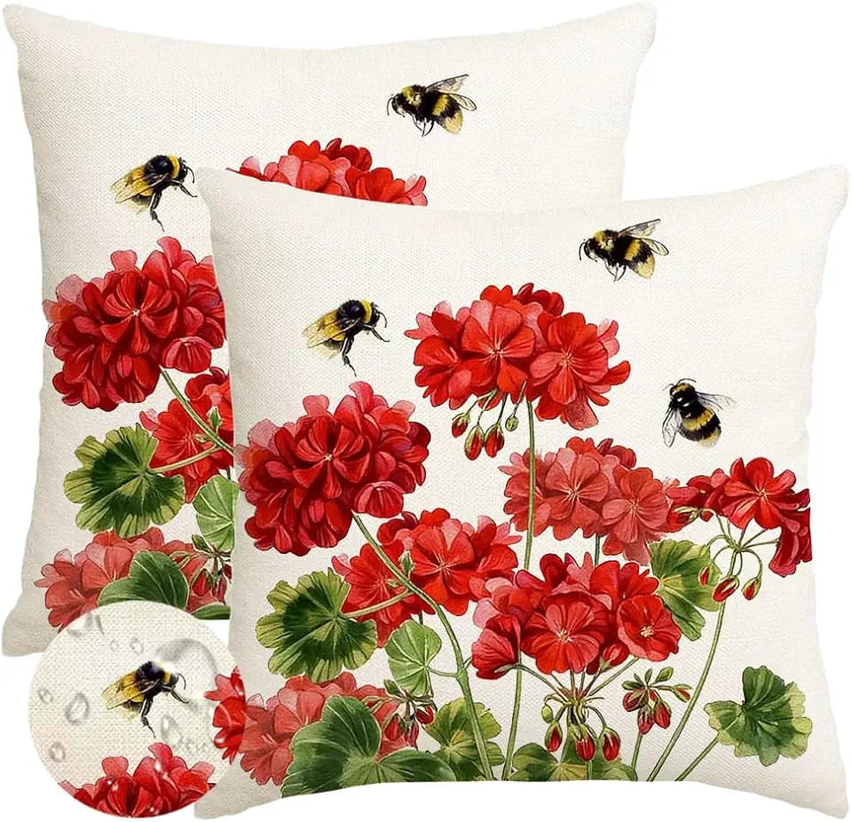 RABUSOFA Spring Summer Pillow Cover 20x20 Waterproof Outdoor Geranium Decor