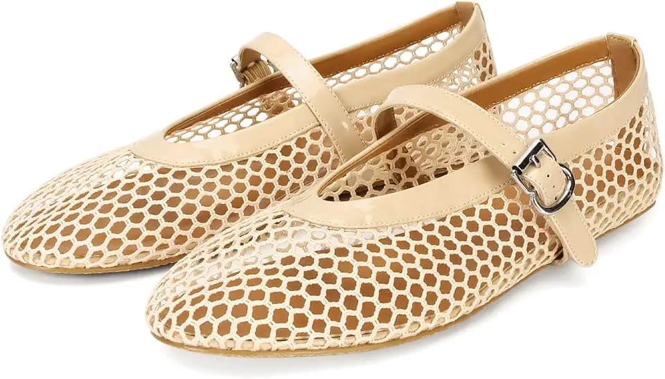 DOEYG Mesh Ballet Flats for Women Buckle Strap Comfy Casual Office Fishnet Ballerina Flat Shoes