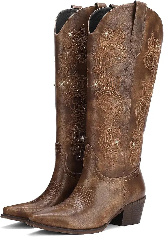 Cowboy Boots for Women Wide Calf Cowgirl Boot Embroidered Western Square Toe Chunky Heel with Studs Pull On Knee High Retro Fall Fashion Shoes