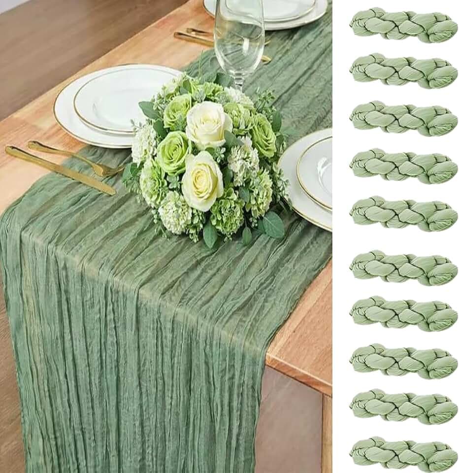 10 Pack Sage Green Cheesecloth Table Runner 22x120 Inch Boho Gauze Table Runners, Rustic Sheer Cheese Cloth Table Runners for Wedding, Baby Shower, Birthday Party, Home Decor