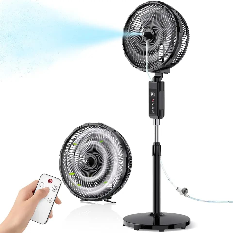 Outdoor Misting Fan for Outside, 12-Inch 20000mAh Portable Water Cooling Fan for Patios Bedroom, 2 In 1 Standing & Tabletop Oscillating Fans with Mister Kit, Mist Fans with Remote/Spray/7 Gear/Timer