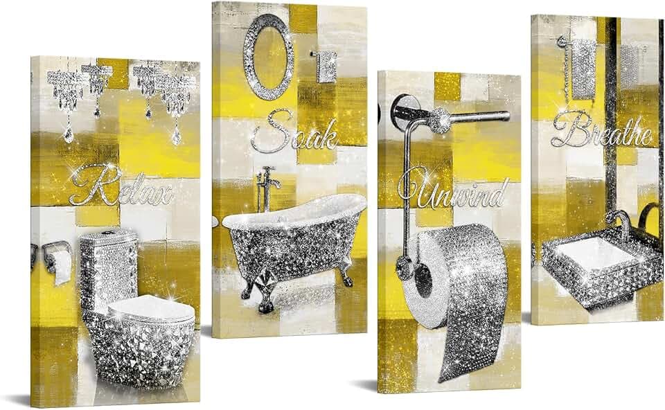 Conipit Bathroom Wall Art Decor Yellow and Silver Canvas Prints, 4 Piece Set with Relax Soak Unwind Breathe 8''x16''x4 (yellow)