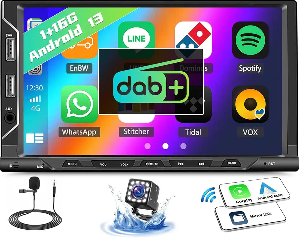 1+16G Android 13 Double Din DAB+ Car Stereo with Wireless CarPlay Android Auto, 7 '' Touchscreen Car Radio with Mirror Link Bluetooth FM RDS DAB+ Radio,WiFi, GPS, SWC, EQ, 6 USB Ports, Backup Camera