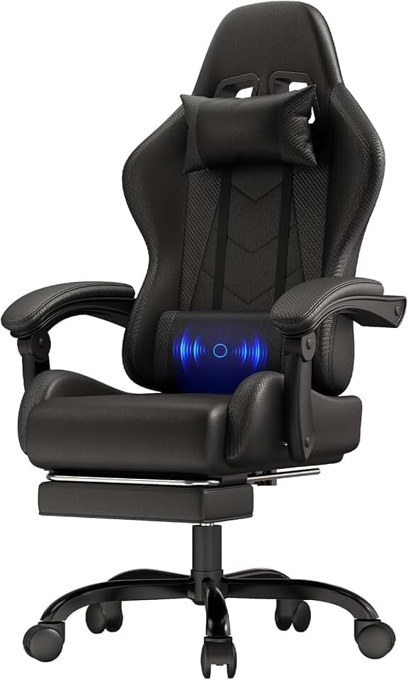 JUMMICO Gaming Stuhl, Bürostuhl Ergonomisch Mit Massagefunktion, Gamer Stuhl verstellbare Rückenlehne 90-135°,und fußstütze, Gamingstuhl 150 kg belastbarkeit, Schwarz