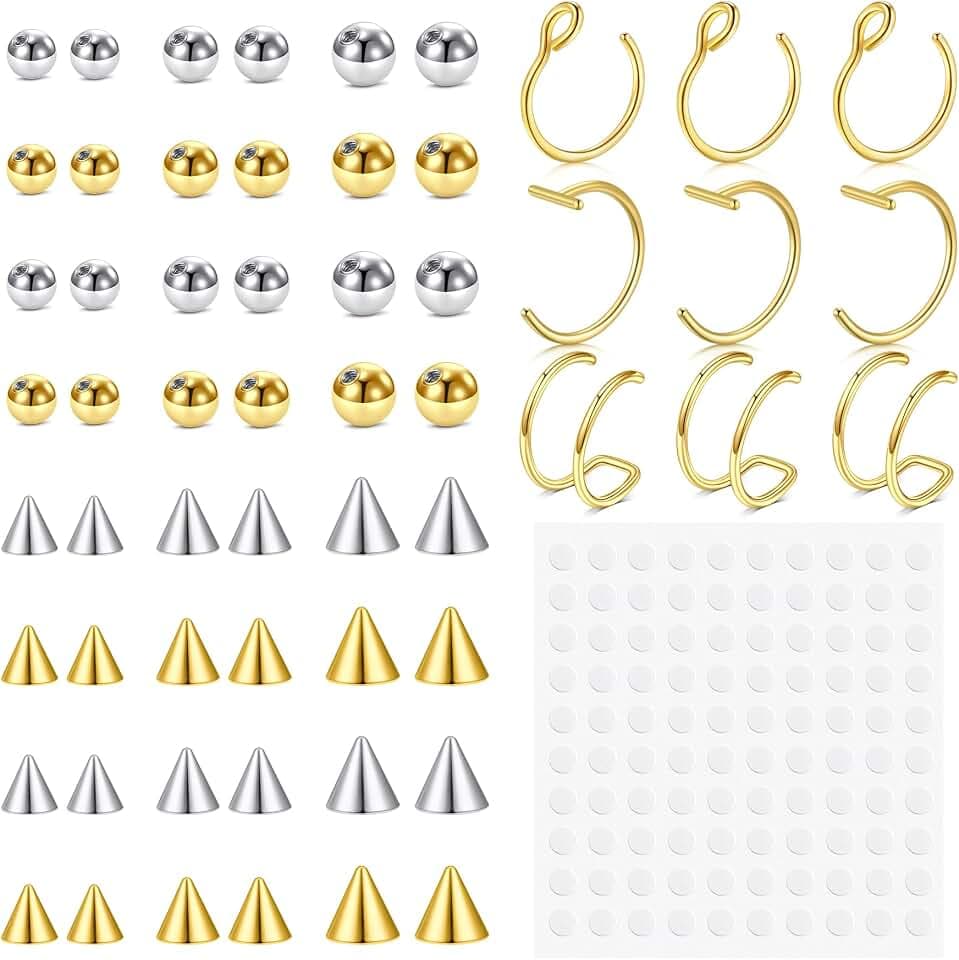 JFORYOU Fake Eyebrow Ring Fake Lip Labret Studs Replacement Balls Spike with 100pcs Sticker Non-Piercing Body Jewelry Fake Skin Piercing