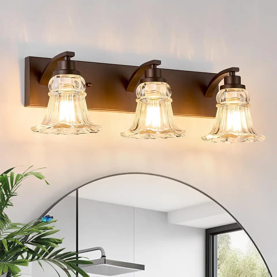 Vintage 3-Light Bathroom Vanity Light, Oil Rubbed Bronze Bathroom Light Fixtures with Floral Clear Glass Shades, Antique Wall Sconce Fixtures for Dressing Table, Bedroom