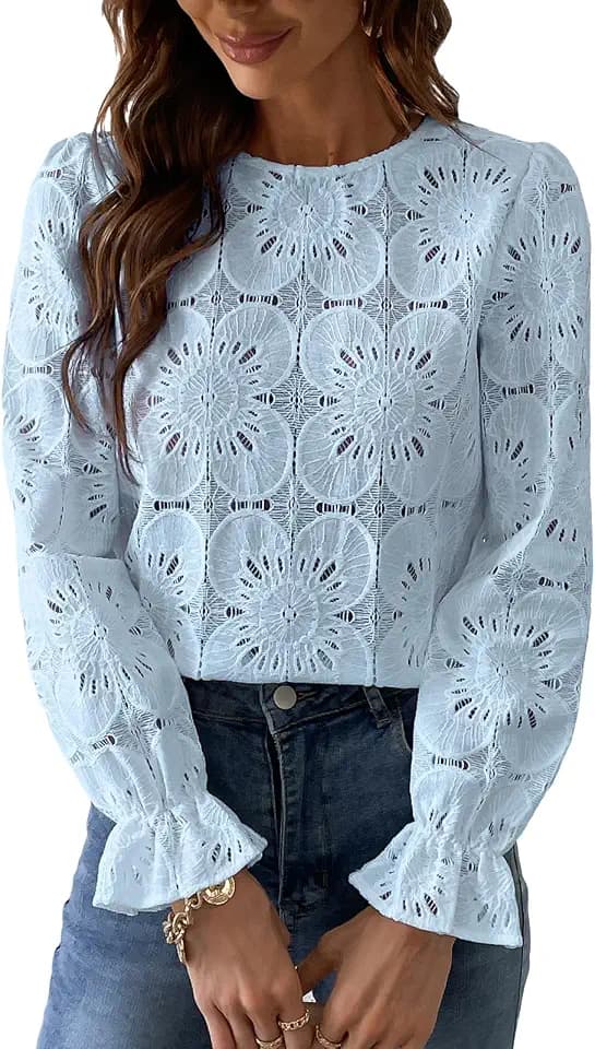 CUPSHE Women's Lace Eyelet Puff Sleeve Blouse